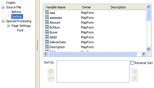 Print parameter properties dialog. Sorting, under source file, is selected from the tree on the left. On the right is a list of variables. Below the list is a list of variables to sort by. 